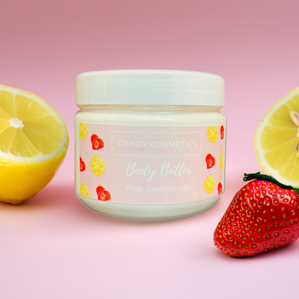 body butter jar with pink lemonade fragrance