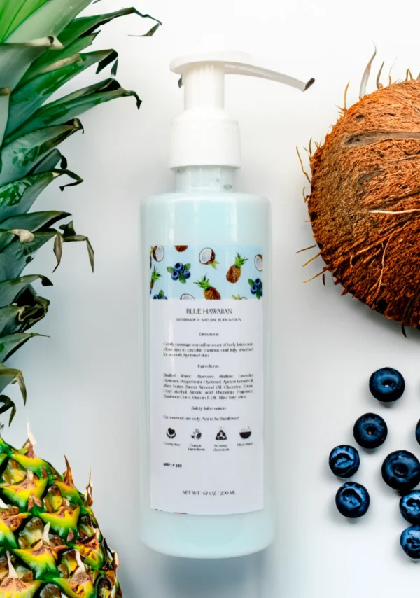 blue body lotion with pineapple and coconut oil