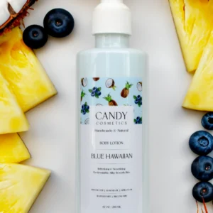 Blue body lotion with pineapple and coconut oil.