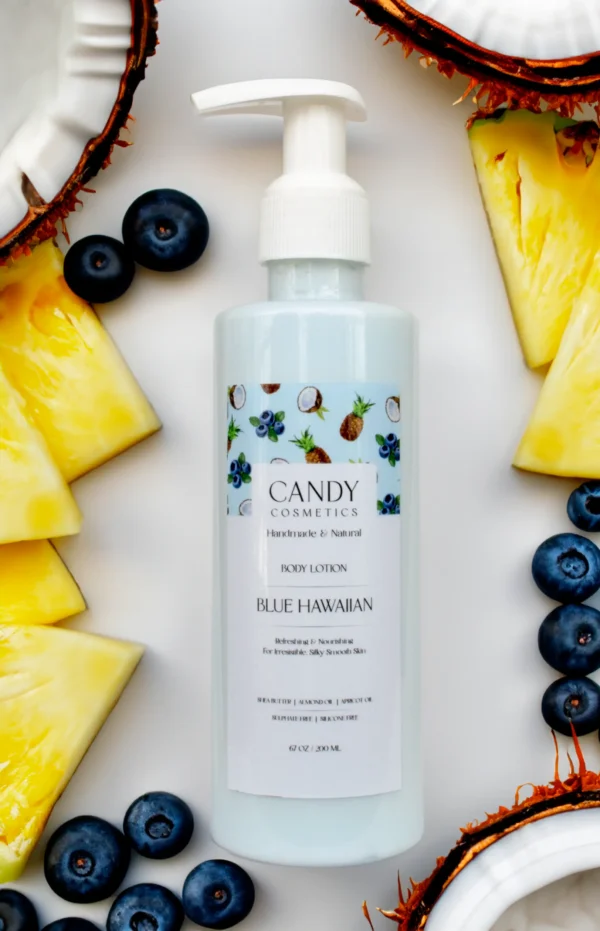 Blue body lotion with pineapple and coconut oil.