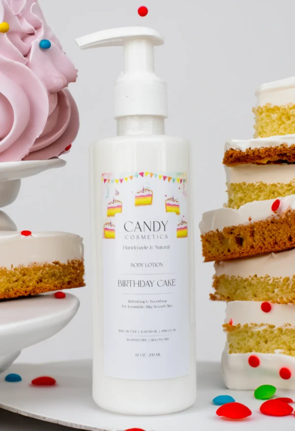 bottle of scented body lotion with slices of cake