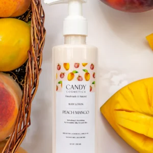 body lotion bottle with summer fragrance of peach and mango fruits