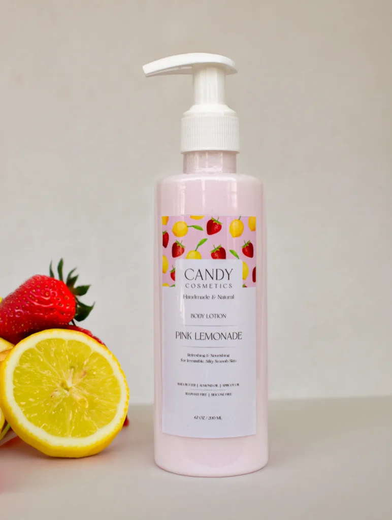 pink leomonade flavoured body lotion bottle